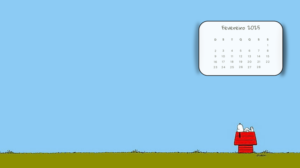 Papel de parede para PC do Snoopy com calendário de fevereiro 2025.