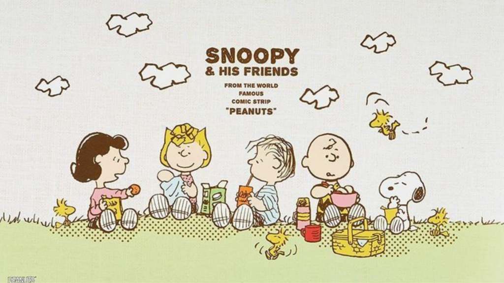 Papel de parede para PC para fevereiro de 2025 com imagem do Snoopy e seus amigos.