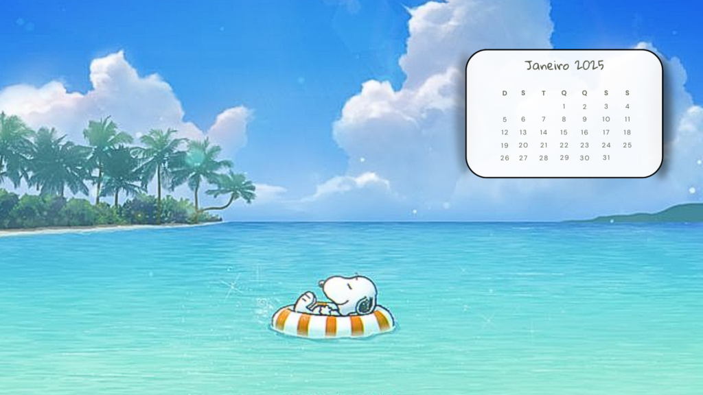 Papel de parede para PC com o Snoppy de férias na praia e calendário de janeiro.