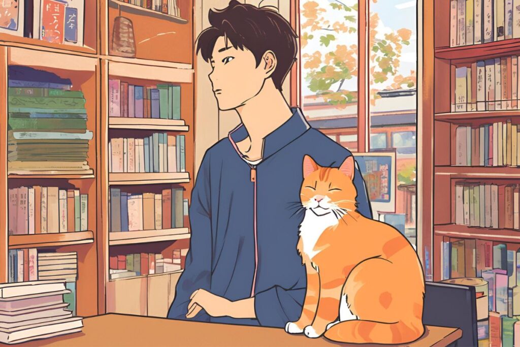 Rintaro e Tigre em imagem de anime, personagens do livro O gato que amava livros, de Sosuke Natsukawa.