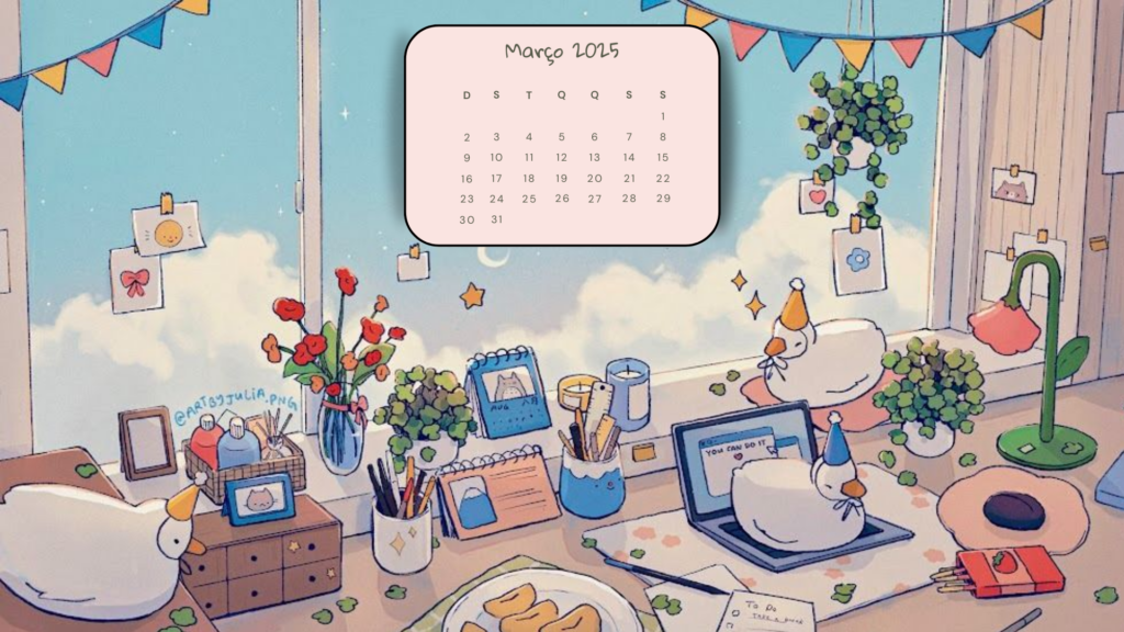 Papel de parede para PC para março de 2025 com desenho fofo inspirado no Studio Ghibli com calendário.