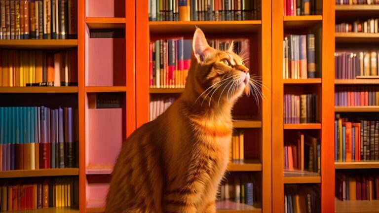 Gato laranja na biblioteca, cercado de livros, simbolizando o personagem do livro "O gato que amava livros", de Sosuke Natsukawa.