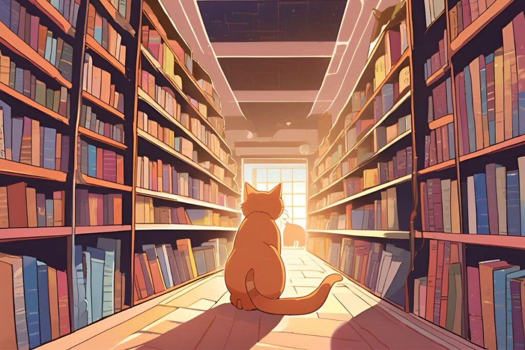 Gato laranja na biblioteca, esperando Rintaro para entrar em um dos labirintos retratados em "O gato que amava livros", de Sosuke Natsukawa.